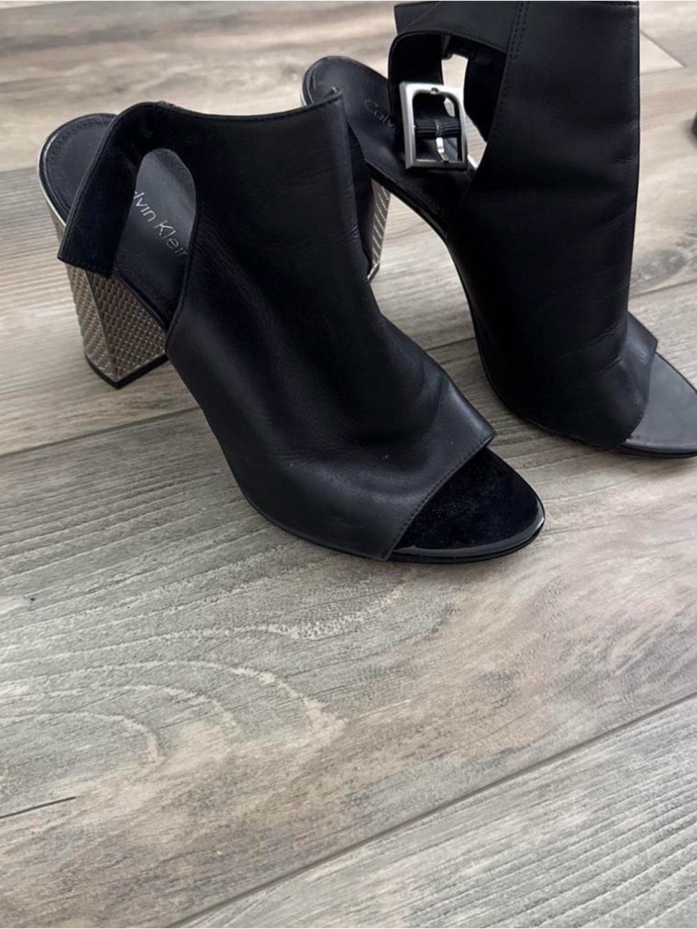 Calvin Klein Black Peep-Toe Block Heel Mules with Textured Heel